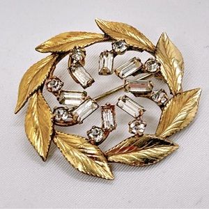 Carl Art Arrow, 12K Gold Leaf Wreath With Faceted Clear Crystals, Vintage